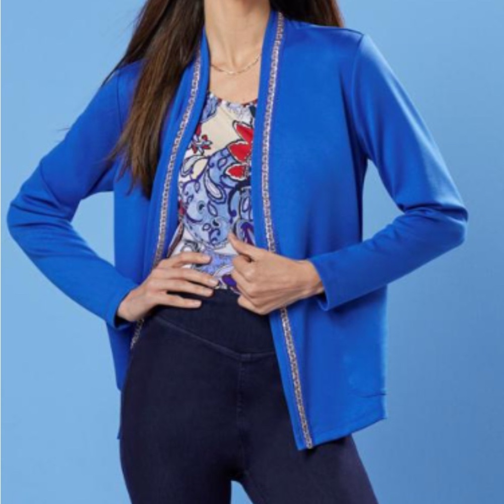 IMAN Open Knit Cardigan XS Blue Gold Embroided Jacket Pockets Glam Minimalist